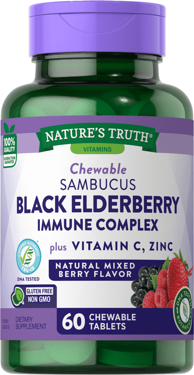 Nature's Truth - Sambucus Black Elderberry Immune Complex Plus Vitamin C, Zinc Chewable Tablets - Natural Mixed Berry Flavor - 60 Ct
